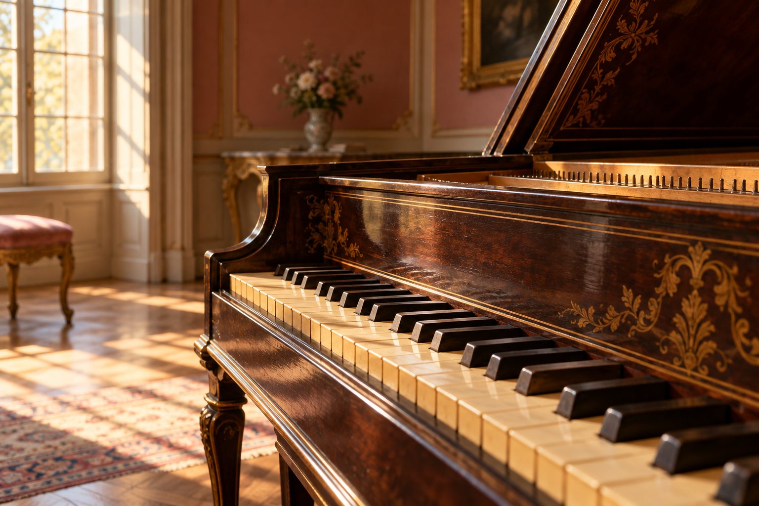 Tangenter på et cembalo i et historisk inspireret rum. AI-genereret temabillede; viser ikke Concerto Copenhagen, Michaelerhaus eller den konkrete koncertsal.