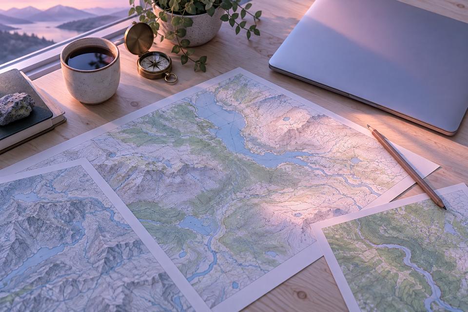 Kort og computer på et skrivebord. AI-genereret temabillede; ikke et foto fra Klimadatastyrelsen eller en konkret driftshændelse.