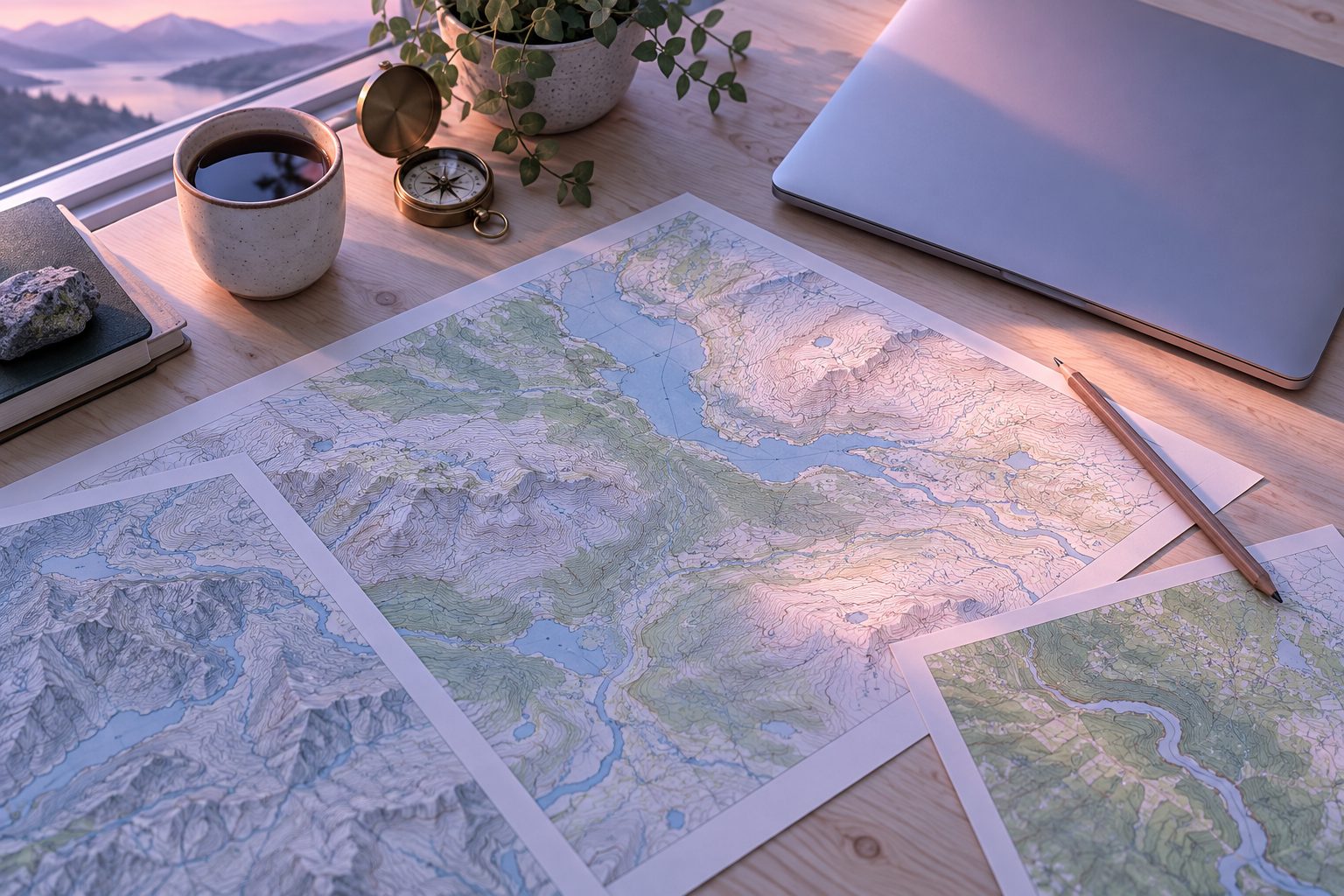 Kort og computer på et skrivebord. AI-genereret temabillede; ikke et foto fra Klimadatastyrelsen eller en konkret driftshændelse.