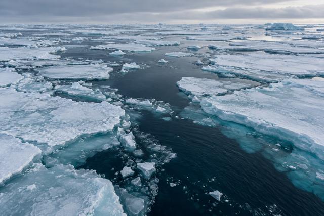 Havisflager på mørkt hav. AI-genereret temabillede; ikke en satellitmåling eller dokumentation af isforholdene i 2026.