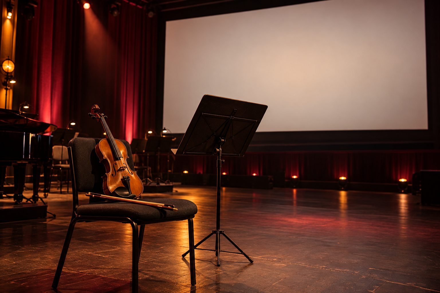 Violin foran et tomt filmlærred. AI-genereret temabillede; viser ikke Athelas Sinfonietta eller de konkrete koncertsale.