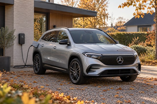 Sølvfarvet Mercedes-Benz EQA ved et dansk hjem