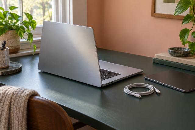 Bærbar computer, tablet og oplader på et mørkegrønt bord. AI-genereret temabillede uden en konkret opdateringsmeddelelse.