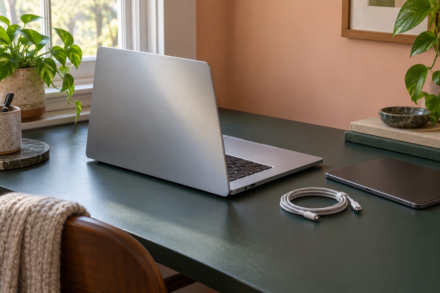 Bærbar computer, tablet og oplader på et mørkegrønt bord. AI-genereret temabillede uden en konkret opdateringsmeddelelse.