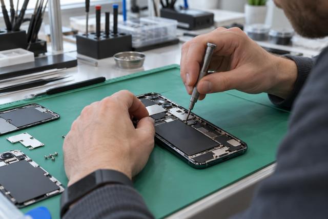 Hænder reparerer en mobiltelefon på en grøn arbejdsmåtte. AI-genereret temabillede.