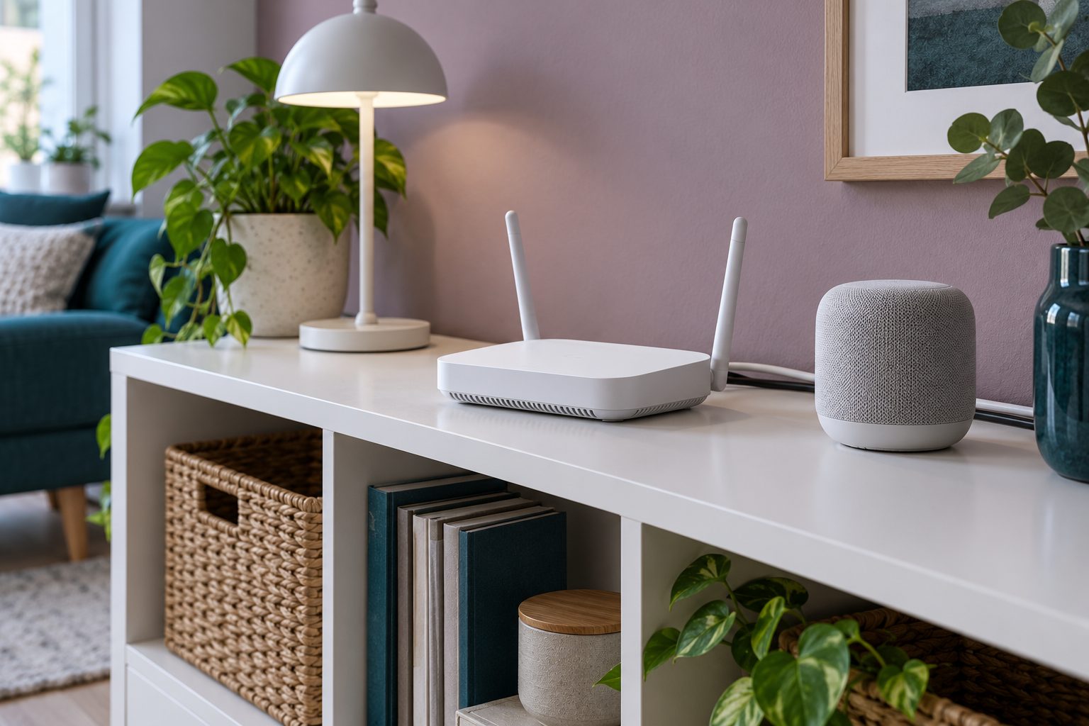 Router og smart højttaler på en hylde i et hjem. AI-genereret temabillede; ikke en produktanbefaling eller en konkret netværksopsætning.