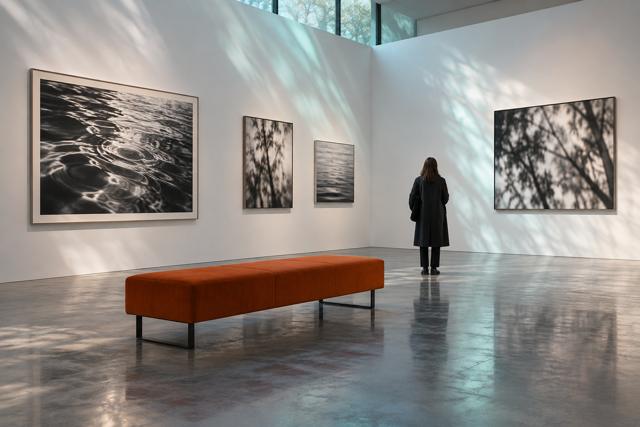 Et tænkt galleri med indrammede fotografier, orange bænk og en besøgende. AI-genereret temabillede; viser ikke den omtalte udstilling eller Den Sorte Diamant.