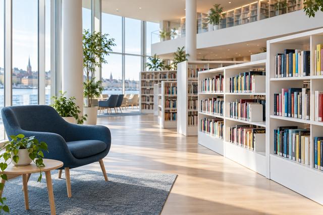 Lyst bibliotek med bøger og en blå lænestol. AI-genereret temabillede.