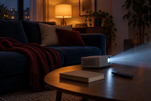 Projektor, sofa og fjernbetjening i en stue med dæmpet aftenlys. AI-genereret temabillede; viser ikke en bestemt film eller tjenestes brugerflade.