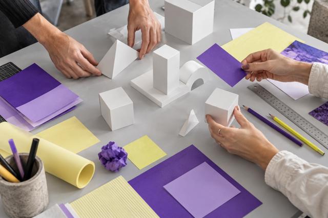 To par hænder samarbejder om papmodeller ved et arbejdsbord med lilla papir. AI-genereret temabillede; viser ikke de omtalte kunstnere eller udstillingen.