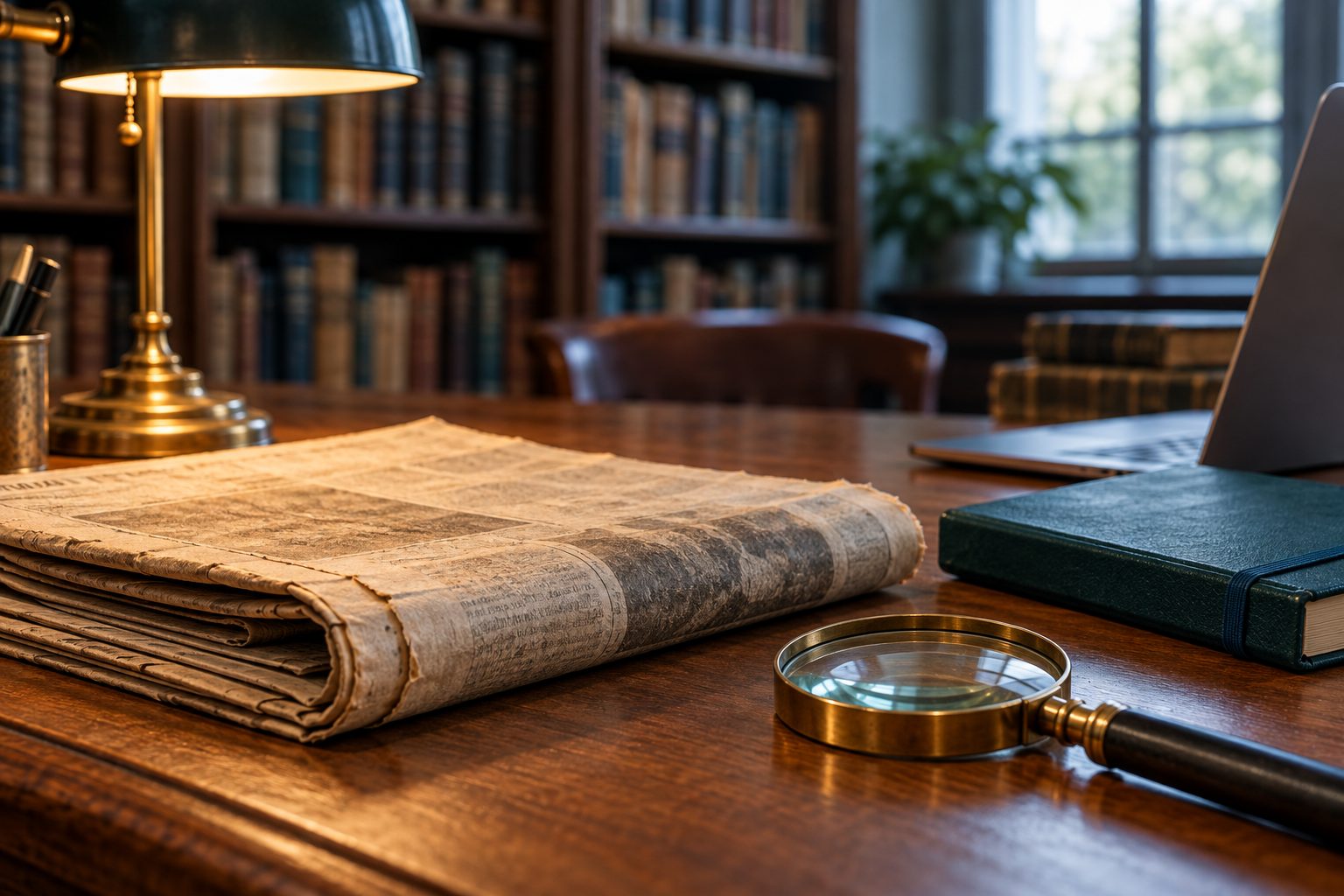 En foldet avis, lup og notesbog på et læsebord. AI-genereret temabillede; ikke en gengivelse af et virkeligt historisk dokument.