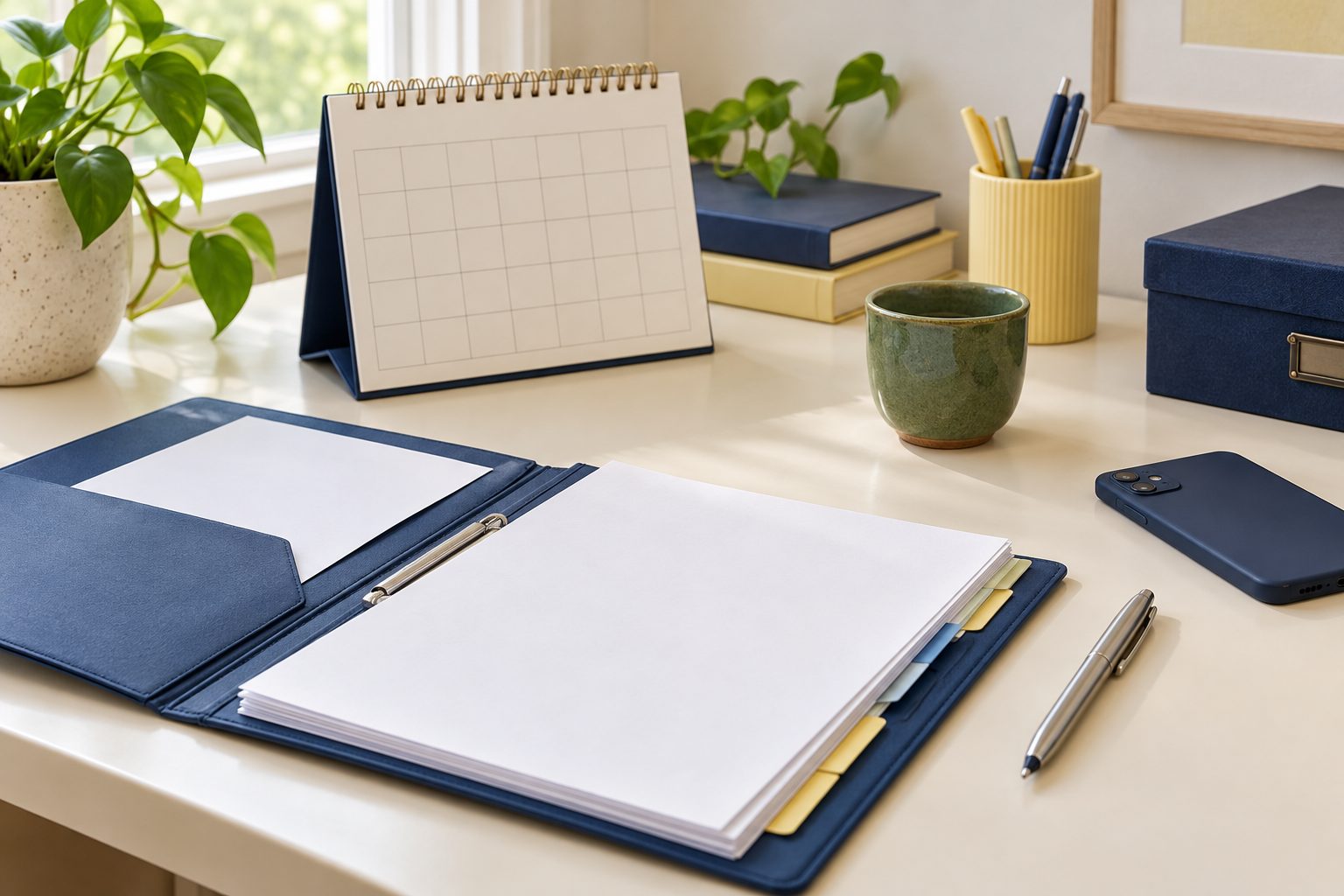 Mappe, kalender, telefon og pen på et skrivebord. AI-genereret temabillede uden virkelige aftaler eller personoplysninger.