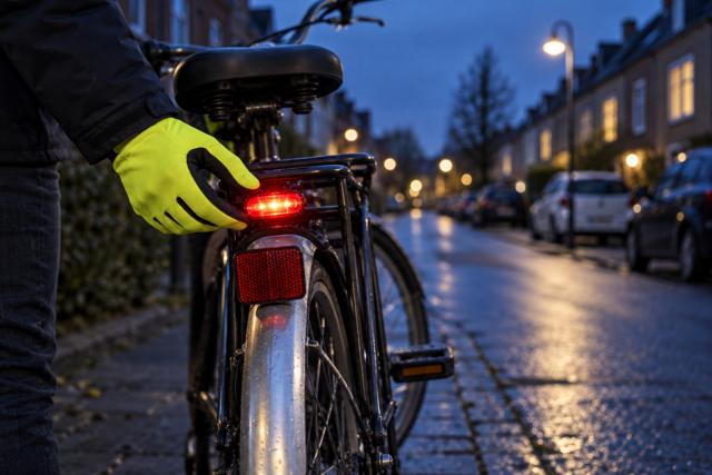 En rød baglygte og refleks på en parkeret cykel kontrolleres i aftenskumringen. AI-genereret temabillede.