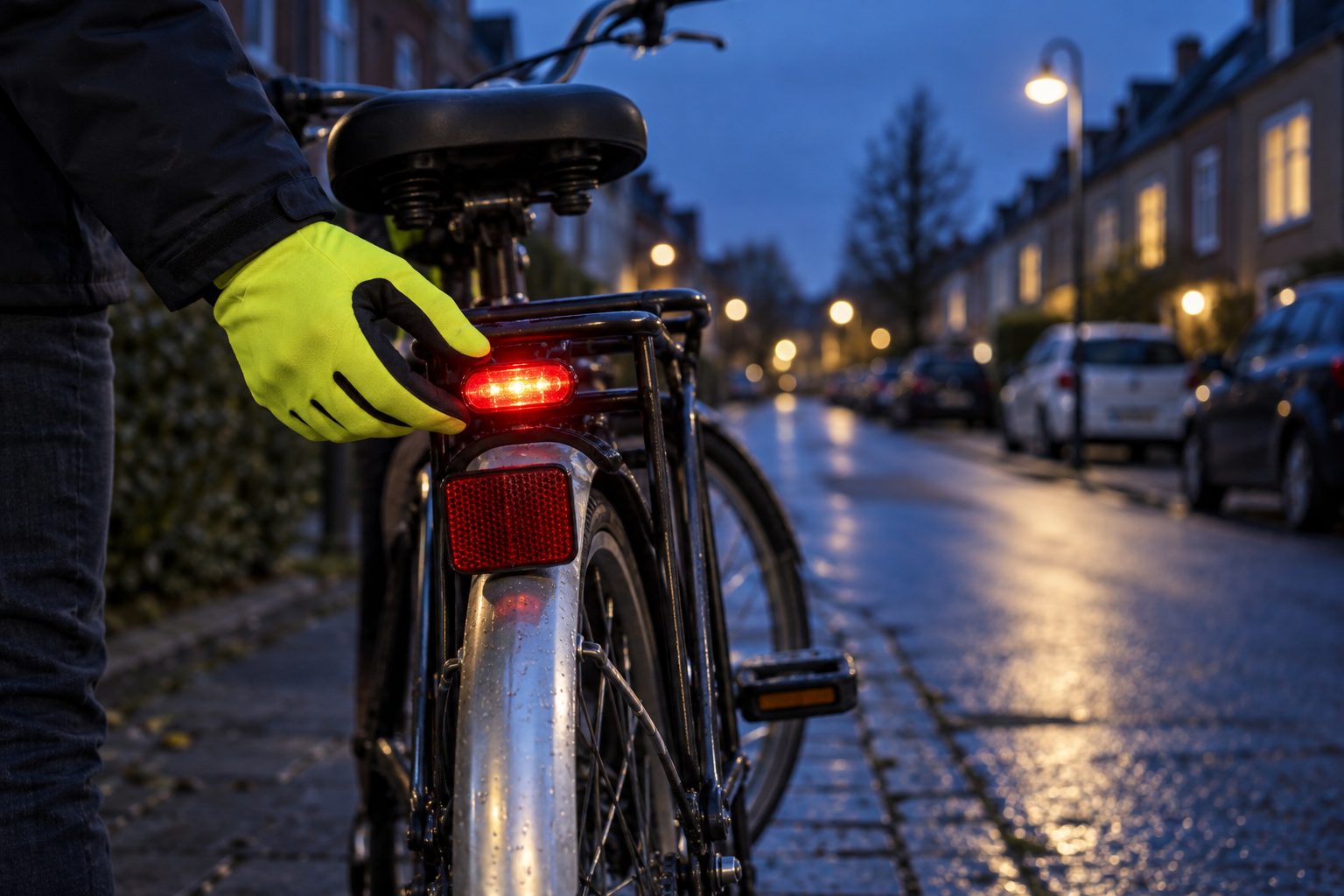 En rød baglygte og refleks på en parkeret cykel kontrolleres i aftenskumringen. AI-genereret temabillede.
