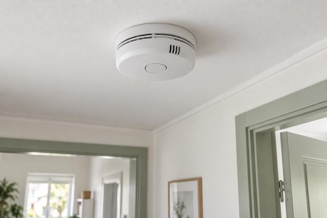 En hvid røgalarm på et loft i en lys gang. AI-genereret temabillede; ikke en produktgodkendelse eller installationsvejledning.