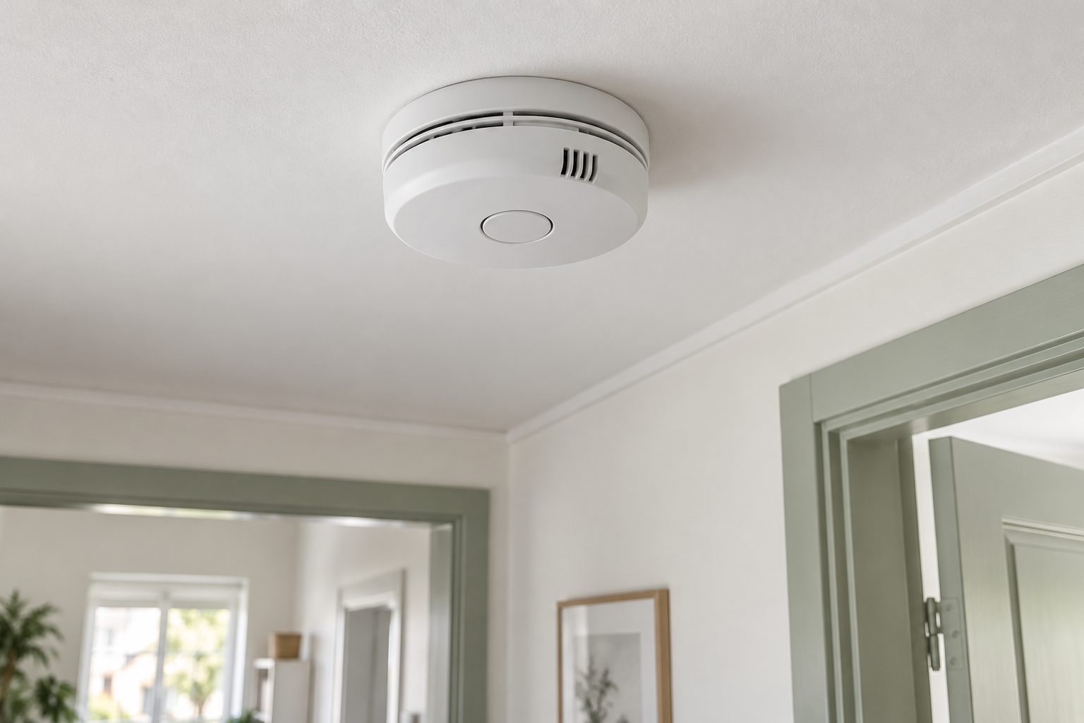 En hvid røgalarm på et loft i en lys gang. AI-genereret temabillede; ikke en produktgodkendelse eller installationsvejledning.