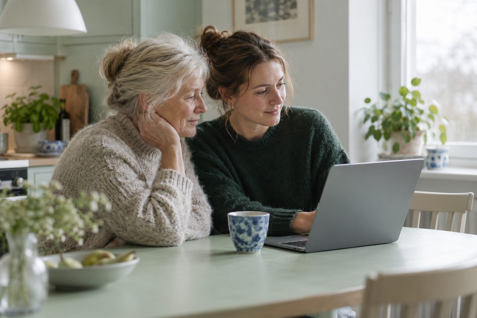 To personer ser sammen på en computer i et hjem. AI-genereret temabillede med fiktive personer; viser ikke en konkret borgersag.