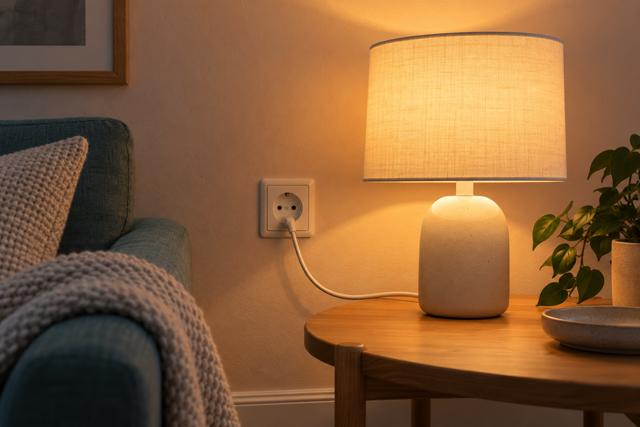 Tændt lampe ved en stikkontakt i et hjem. AI-genereret temabillede; viser ikke Kärnfull Energi eller en konkret begivenhed.