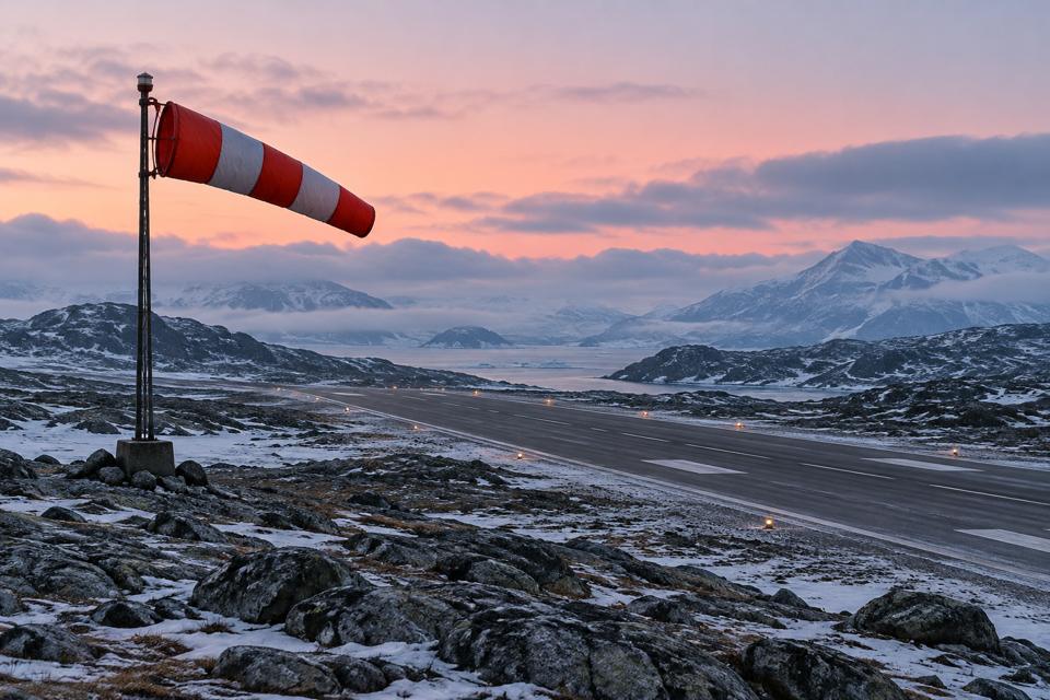 Vindpose ved en arktisk landingsbane. AI-genereret temabillede; viser ikke Ilulissats lufthavn eller aktuelle flyveforhold.