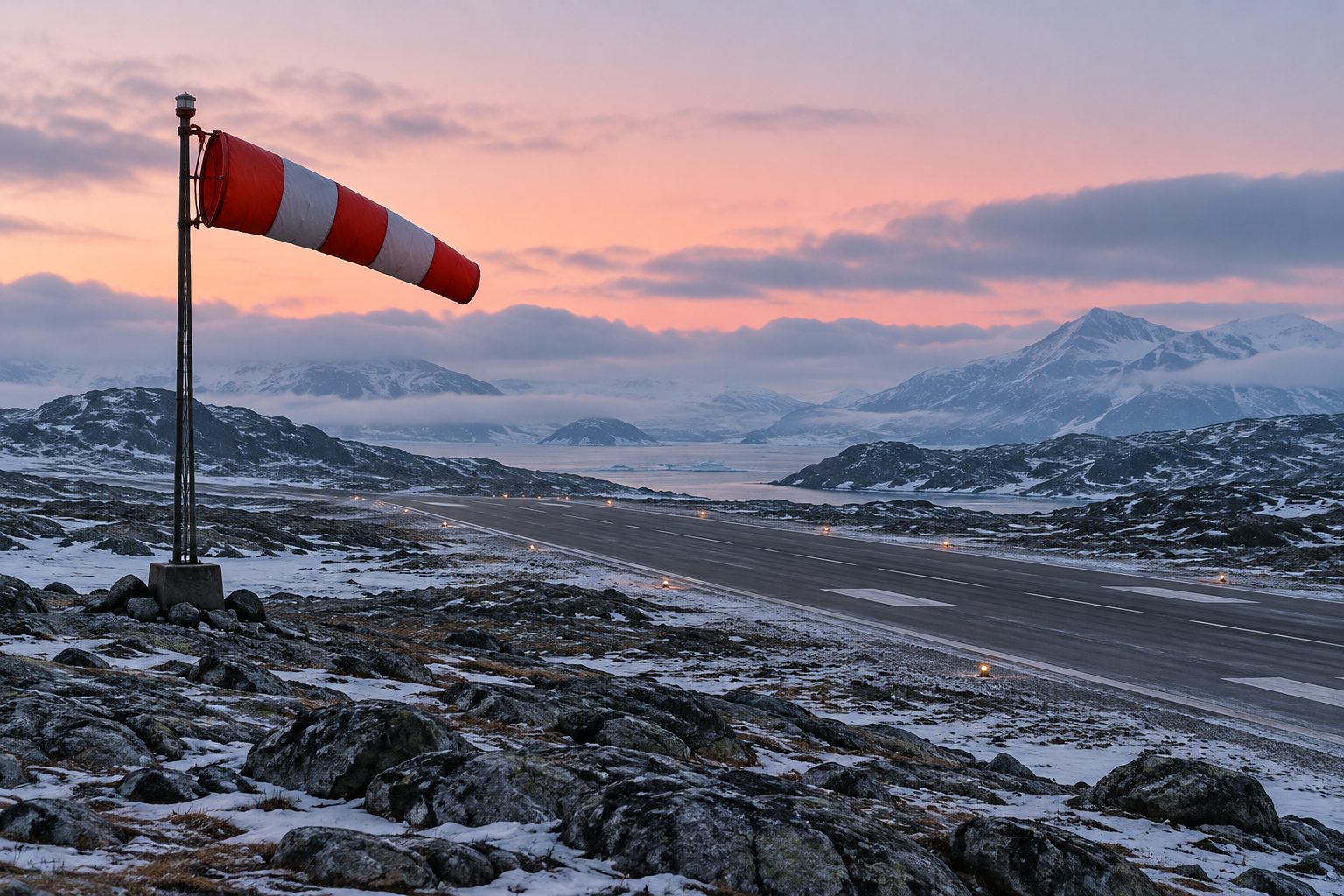 Vindpose ved en arktisk landingsbane. AI-genereret temabillede; viser ikke Ilulissats lufthavn eller aktuelle flyveforhold.