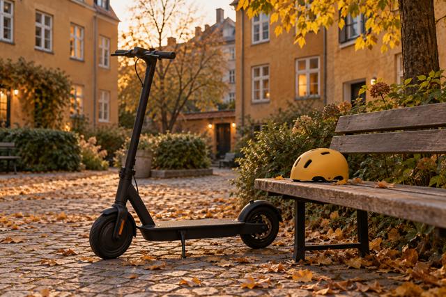 Parkeret el-løbehjul og cykelhjelm i en gård. AI-genereret temabillede; viser ikke en konkret politisag eller en kontrolleret produktmodel.