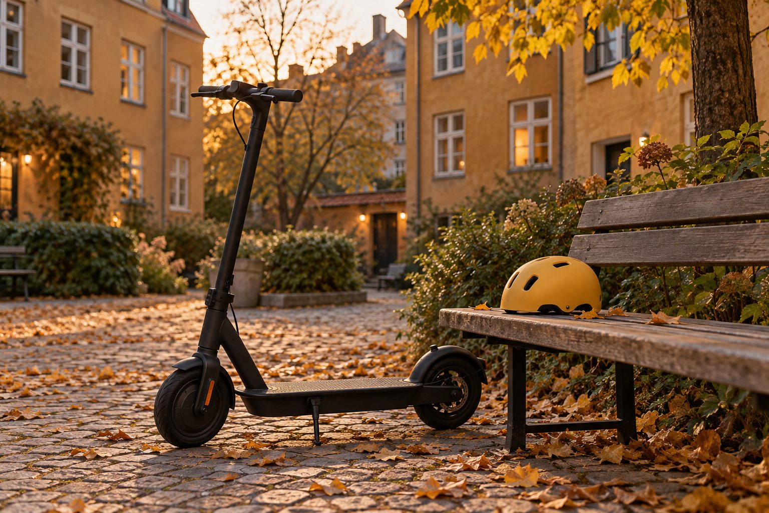 Parkeret el-løbehjul og cykelhjelm i en gård. AI-genereret temabillede; viser ikke en konkret politisag eller en kontrolleret produktmodel.