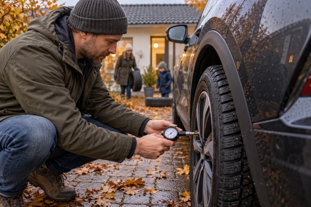 Kontrol af et bildæk i en indkørsel. Genrebillede af vinterforberedelser.