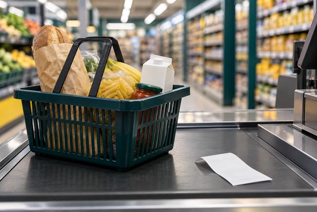 Indkøbskurv med dagligvarer ved en kasse. AI-genereret temabillede; viser ikke en bestemt virksomhed eller konkurrencesag.
