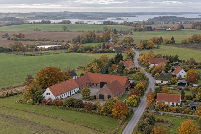 Et tænkt dansk landsbymiljø set skråt fra luften. AI-genereret temabillede; ikke et historisk arkivfoto eller en bestemt virkelig lokalitet.