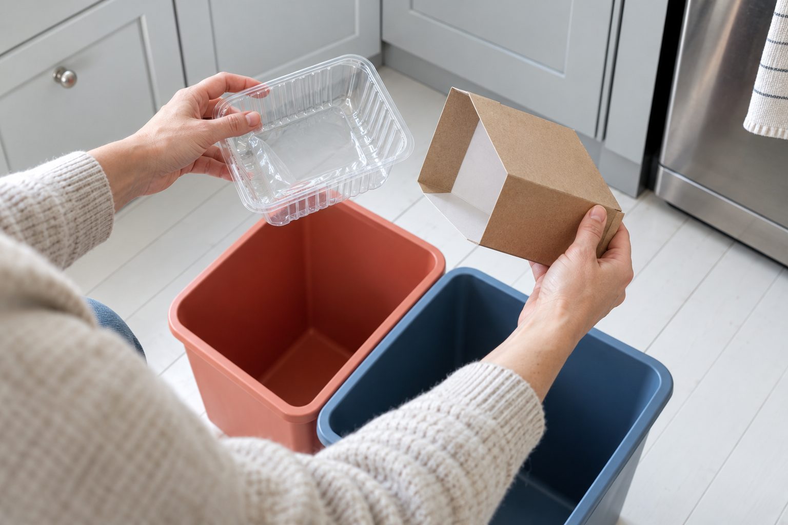 Hænder adskiller pap og plast ved to affaldsbeholdere. AI-genereret temabillede; farverne er ikke en konkret sorteringsvejledning.