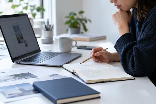 Computer og notesbog på et skrivebord. AI-genereret temabillede.